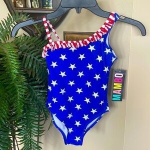 Brand New Mamba Patriotic Red White Blue Stars Stripes Ruffle One Piece Swimsuit